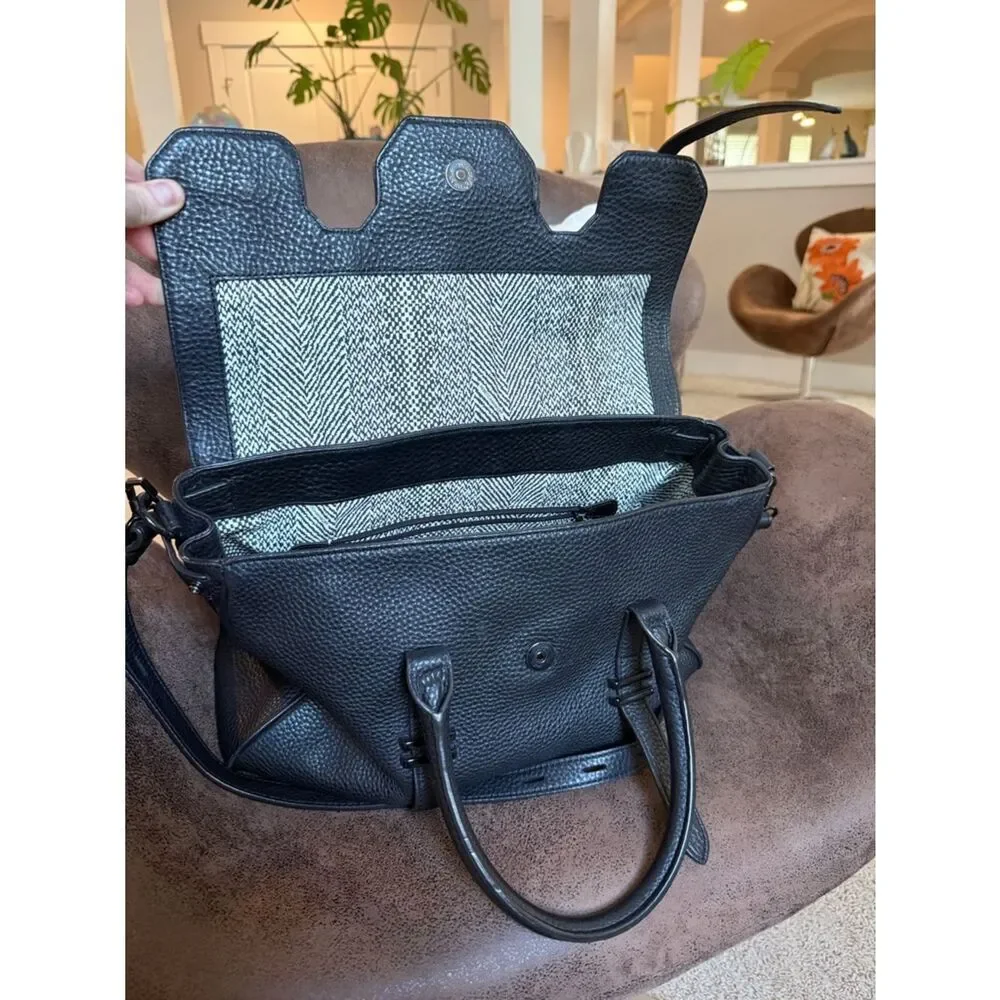 REBECCA MINKOFF SATCHEL BAG  JULES BLK ON BLK LEATHER & HARDWARE w/STRAP EUC